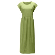 CTEEGC Summer Pockets Dress for Womens Short Sleeve V Neck Casual Dresses Cotton Linen Pleat Knee Length Sundress Midi Dress