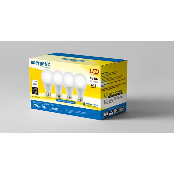 Energetic LED A19 Light Bulbs, 9 Watts (60W Equivalent), E26 Base, 750