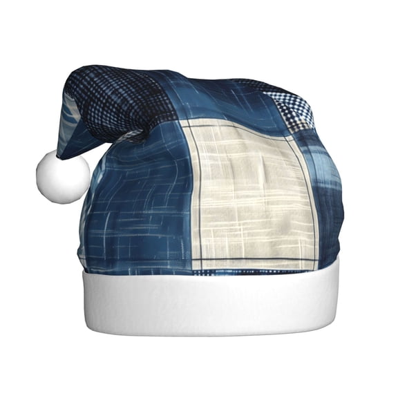 Kowoue Indigo Patchwork Quilt Pattern Santa Hat Christmas Hats for Adults, Holiday Unisex Velvet Comfort Xmas Hat for Women Men
