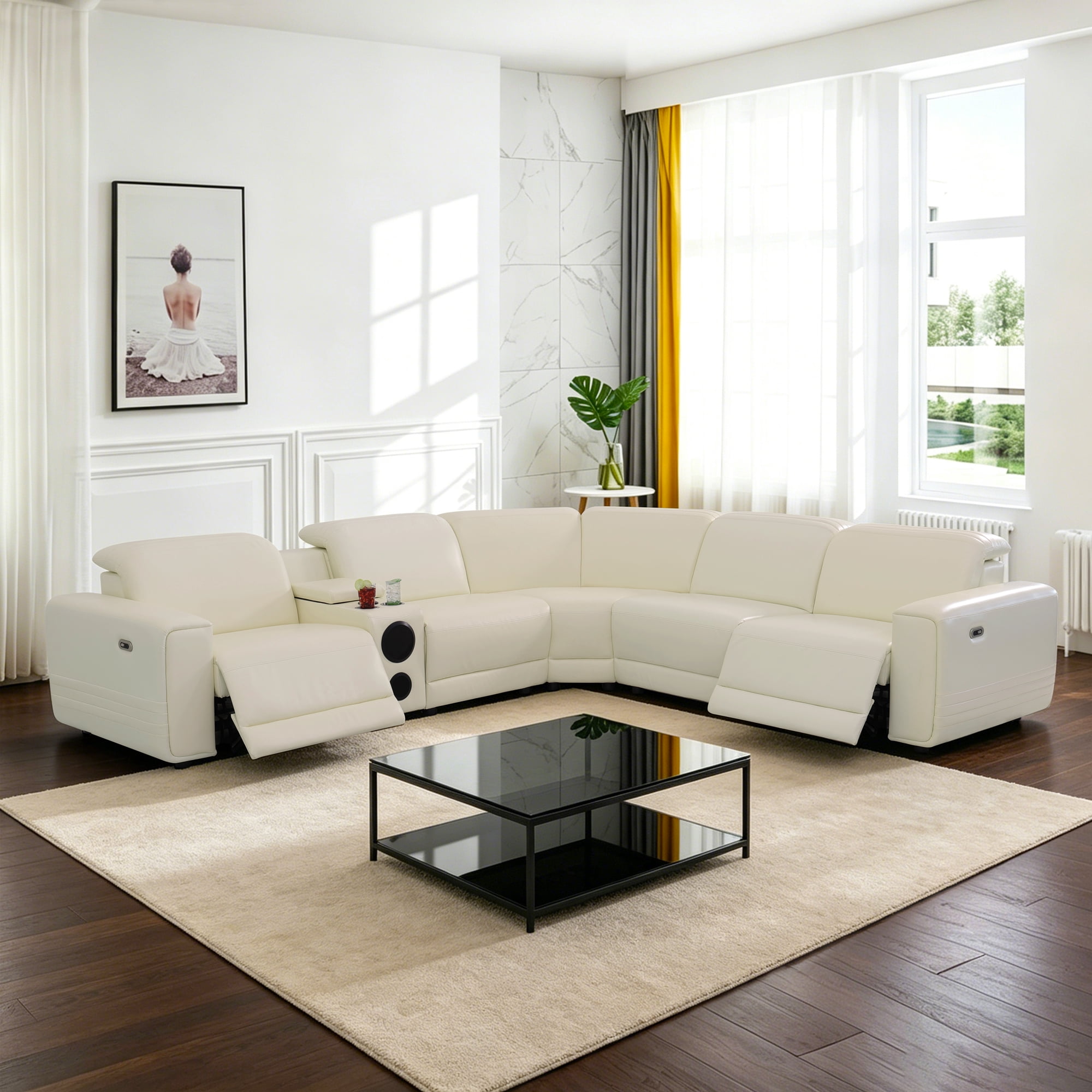 Gewnee Luxury Oversized Reclining Corner Sectional Couch, Power Recliner, Air Leather, Bluetooth Speakers, USB & Type‑C Charging, Cup Holders, Storage, for Living Room Home Theater, Off-White