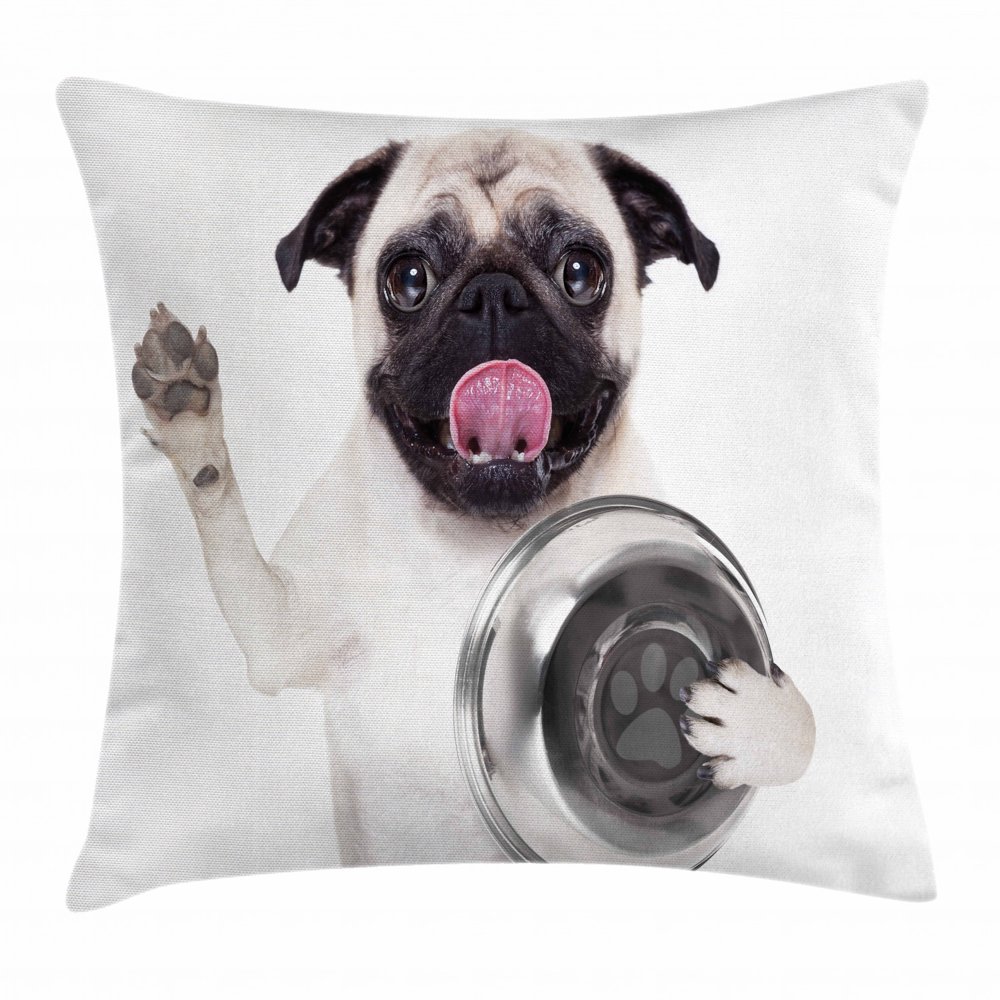 Pug Throw Pillow Cushion Cover, Cute Pug Holding Food Bowl and Licking