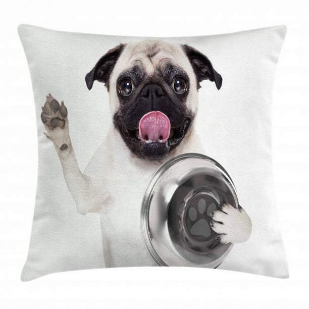 Pug Throw Pillow Cushion Cover Cute Pug Holding Food Bowl And Licking Its Lips Hunger Image