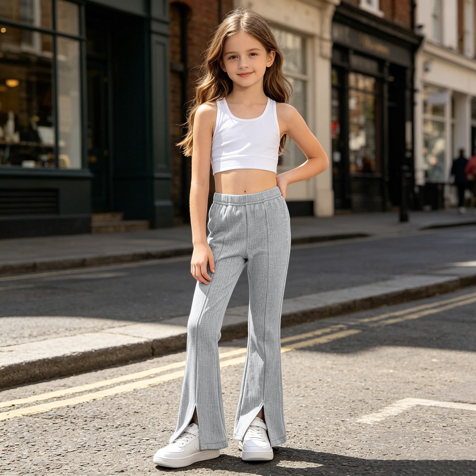 Ruyang Kids Girls Ribbed Knit Flare Pants Split Hem Loose Fit Bell Bottoms Soft Sweet Lightweight Casual Pull on Trousers