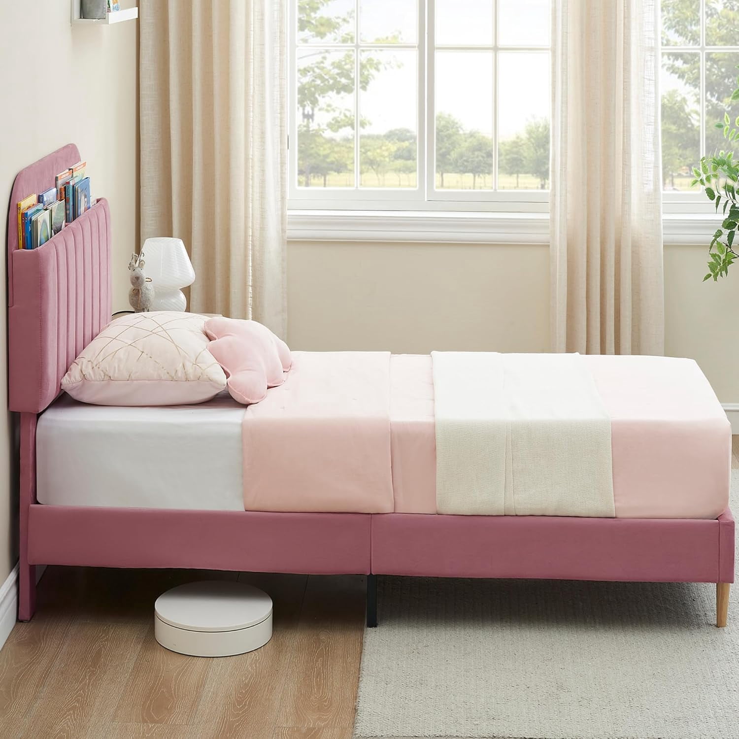 COZONY Twin Bed Frame, Velvet Upholstered Platform Bed w/ Bookcase Headboard, No Box Spring Needed, Noise-Free, Pink