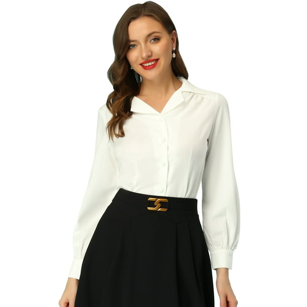 Blusa de trabajo con cuello vintage y manga larga para mujer blanco L