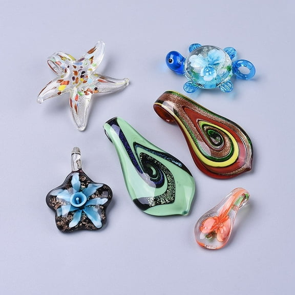 Handmade Lampwork Pendants Mixed Shapes Mixed Color 35~61x17~49x6.5~10mm Hole: 4~9mm about 5pcs/bag
