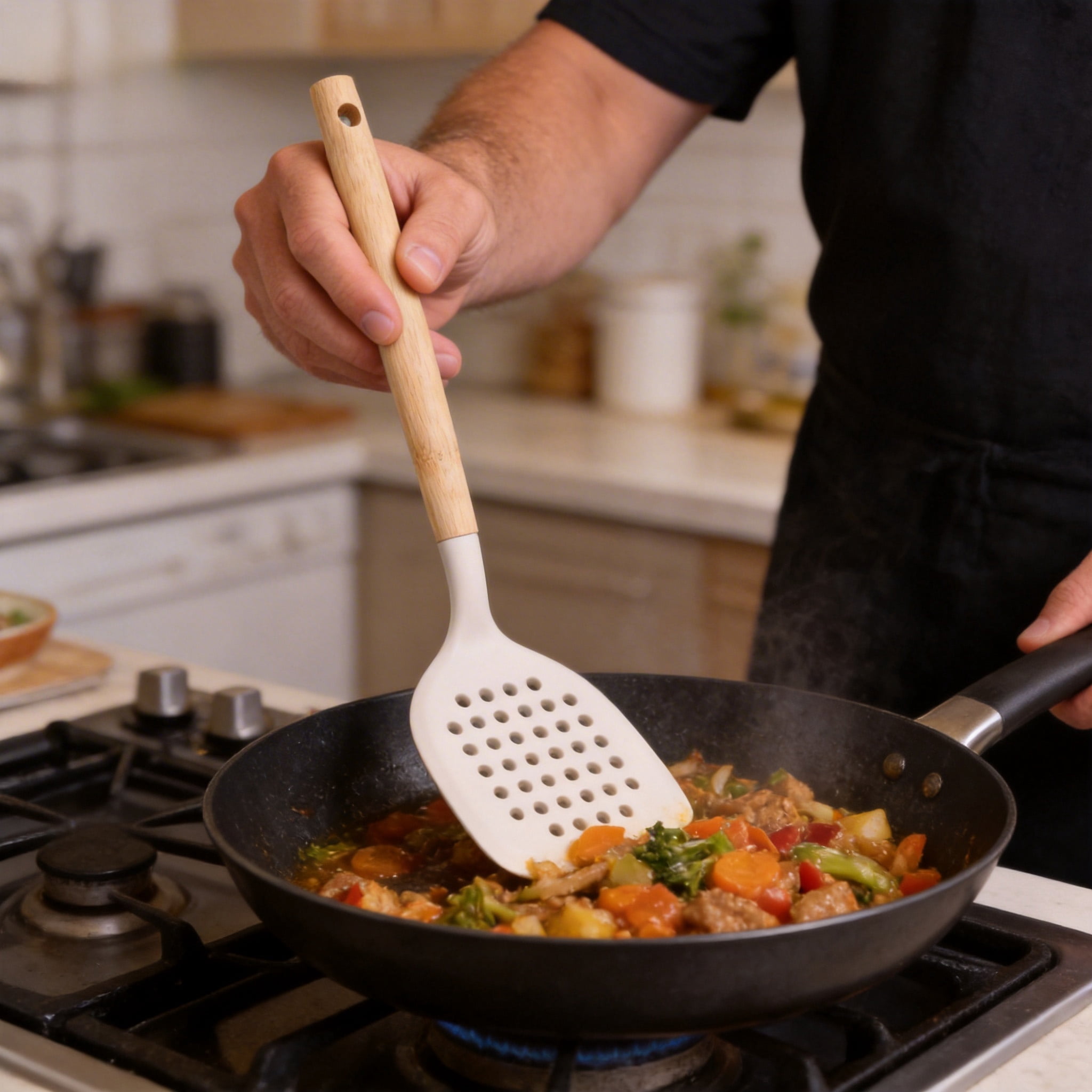 Mainstays 12.8 in Silicone Slotted Kitchen Turner with Bamboo Handle