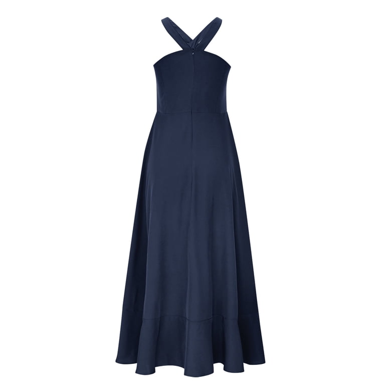 navy blue halter bridesmaid dress Berylove Women Royal Blue Pleated Halter Bridesmaid Dress A Line Backless Maxi Wedding Guest Dress, Dark Navy / custom main image 0