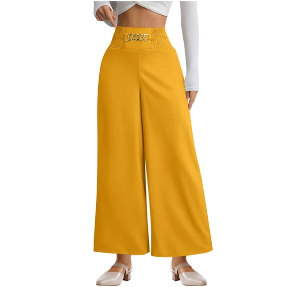 QQAMB Pants for Women Flowy Wide Leg High Waisted Elastic Waisted Trousers Long Dressy Bottoms Orange 2XL