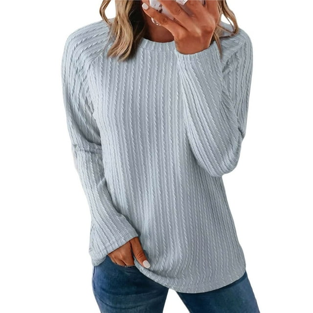 Camisetas de Larga para Mujer, Ropa de Moda de Otoño, Tops Modernos, Camiseta Básica de Punto con Cuello Redondo Gris M