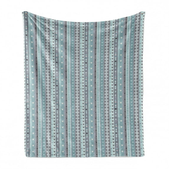 Abstract Soft Flannel Fleece Throw Blanket, Design of Vertical Lines with Dots Rhombs and Hearts in Pastel Tones, Cozy Plush for Indoor and Outdoor Use, 70" x 90", Multicolor, by Ambesonne