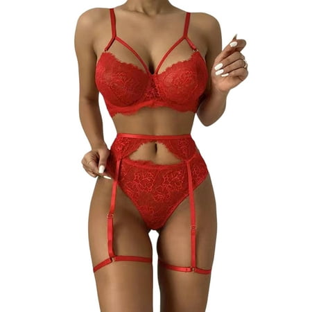 

SpringTTC Women s Temptation Underwear Sexy Sheer Bra Sets with Garter Belt Christmas Lingeries Sets