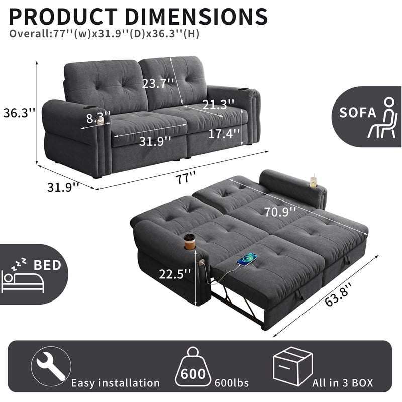 77" Convertible Sofa Bed – 2-in-1 Loveseat & Guest Bed, Chenille Fabric, 600lb Capacity