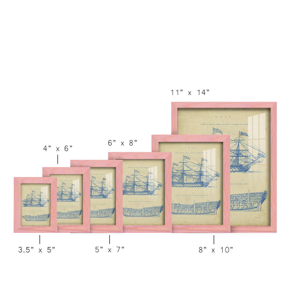 Vintage Ship Blueprint -Framed Print w/glass-Sunset Pink
