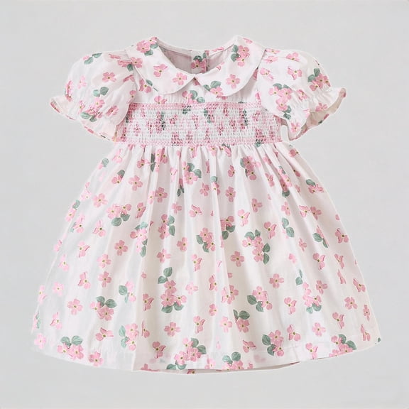 REDARER Toddler Girls' Flutter Collar Floral Print Dress, Smocked Puff Sleeve Cotton Sundress, Casual Summer Playwear Dress for Kids,18-24 Months