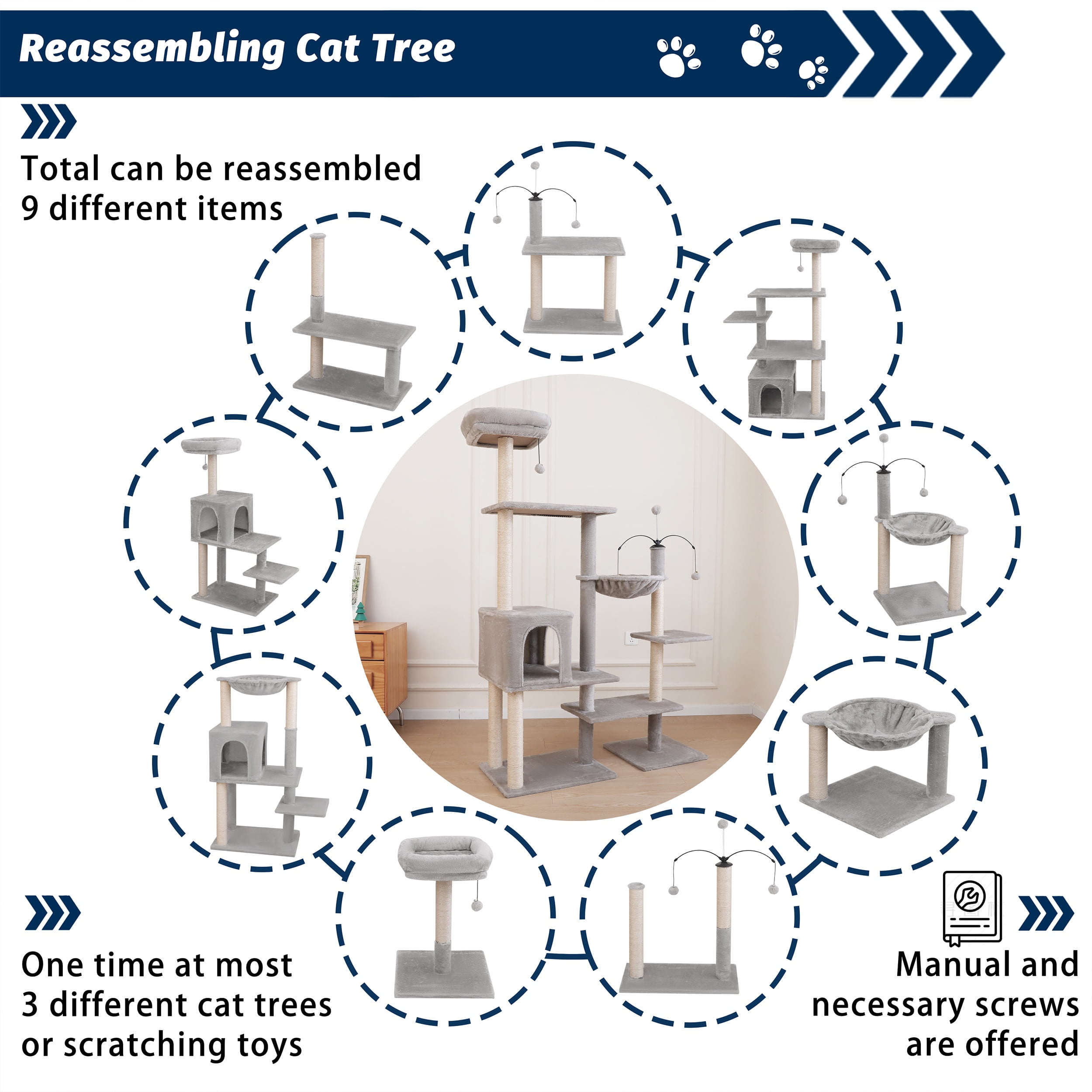 Vibrant Life 64” Multiple Level Cat Tree Tower with Condo and Hammock, Light Gray
