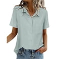 thumbnail image 3 of Solid Button Down Shirts for Women Short Sleeve Bust Pocket V Neck Collared Shirts Summer Business Casual Work Tops, Light Blue XXL, 3 of 7