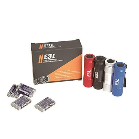 E3L Super Bright Mini Aluminium Flashlight with 9 LED Beads inside, Pack of 4 Mini Flashlights, Assorted Colors, With