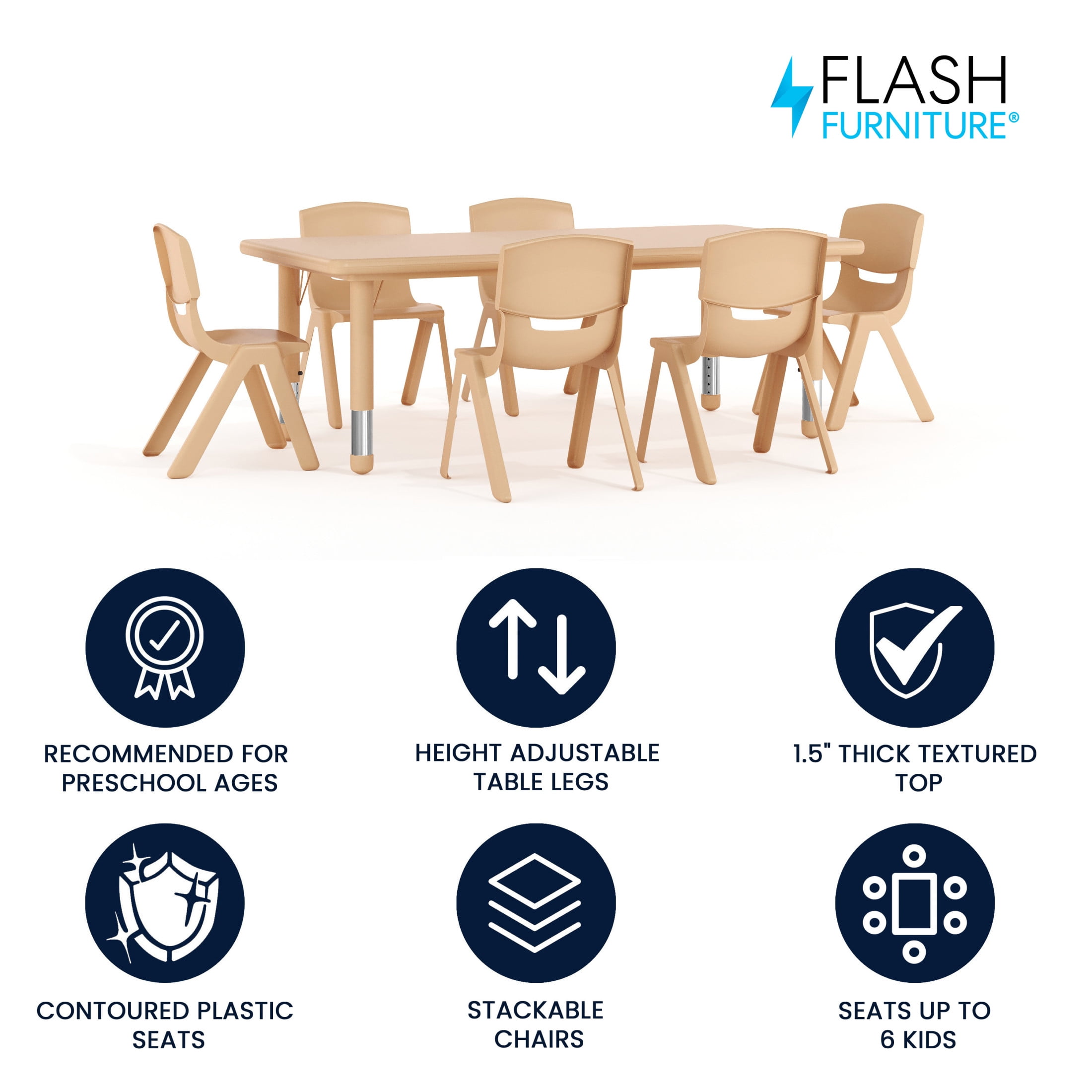 Flash Furniture Emmy 24"W x 48"L Rectangular Natural Plastic Height Adjustable Activity Table Set with 6 Chairs