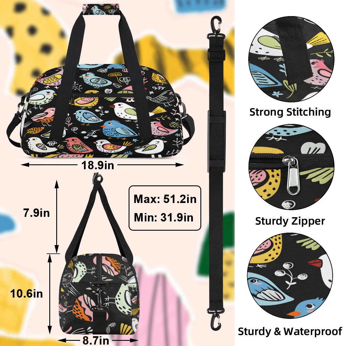 Herdesigns Birds Sports Duffle Bag for Women & Men, Gym Bag Dance Bag Overnight Bag Carry On Weekender Travel Bag