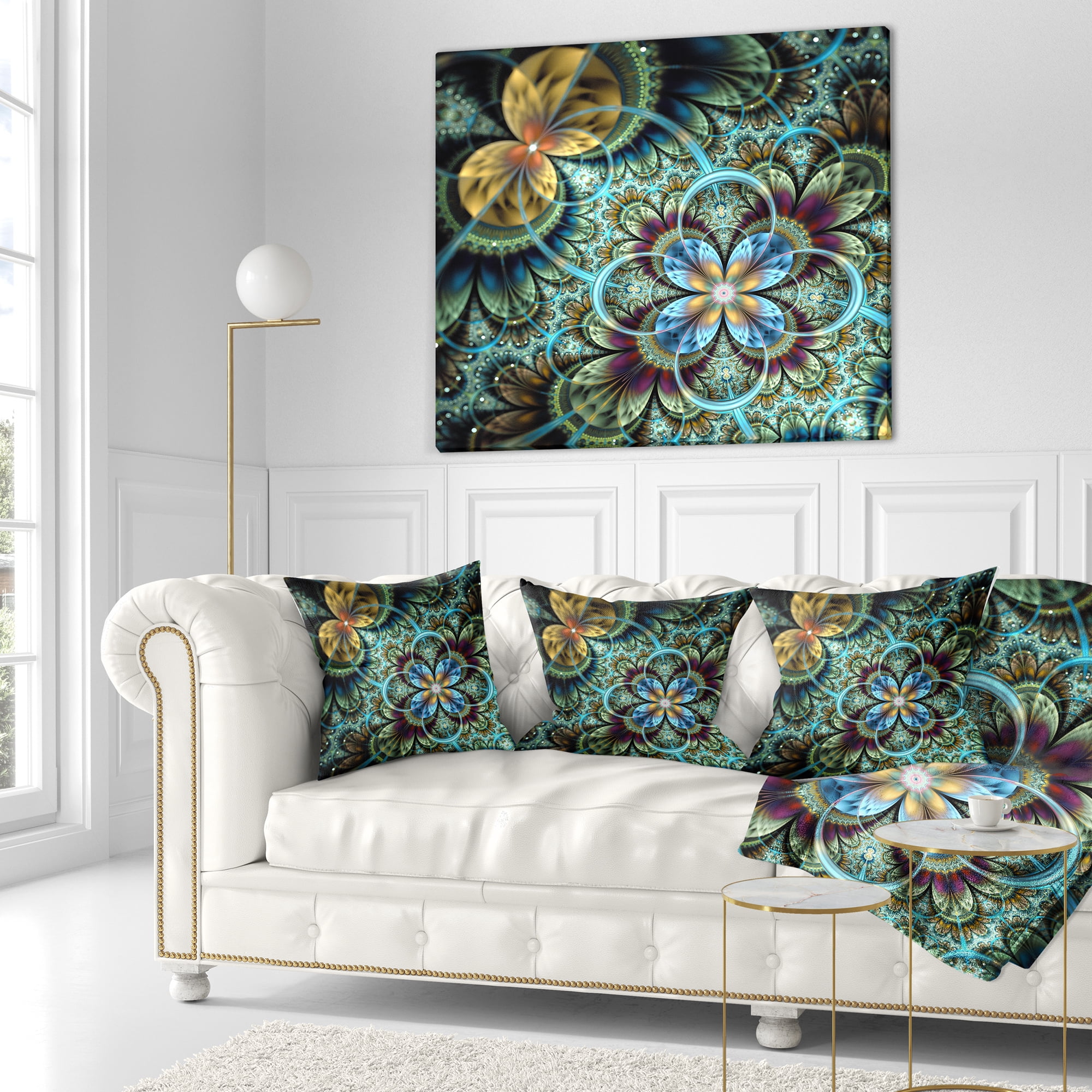 Designart Fractal Dark Orange Blue Flowers - Floral Throw Pillow - 18x18