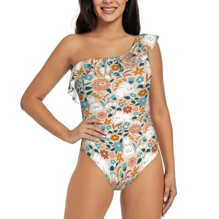 Qokaie Cute Rabbit Floral Print Women s One Piece Swimsuits Tummy Control Bathing Suits Asymmetric One Shoulder Swimwear-Large