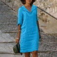 thumbnail image 2 of KIHOUT Robes d'Été pour Femmes, Mode pour Dames Robe à Col en V à Manches Mi-Longues Unie à Enfiler Bleu 3TG, 2 of 6