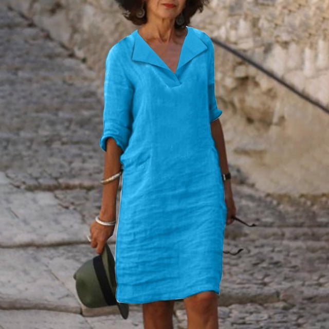 Pisexur Robe à Manches Courtes Col Rond Mode Femme Col en V Manches Mi-Longues Robe Chandail Unie Robe Femme