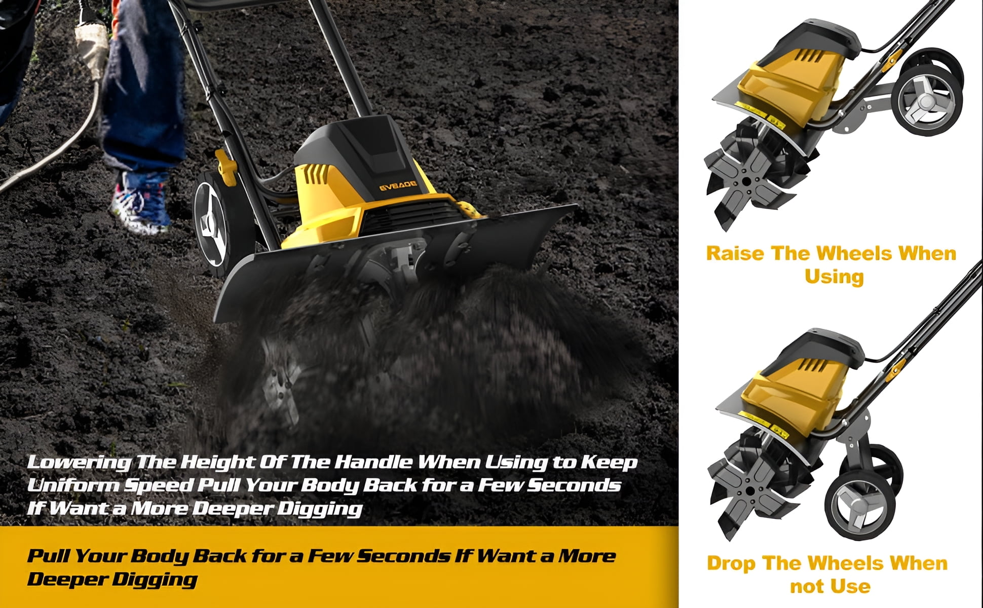 EVEAGE Garden Tiller, 18Inch Electric Cultivator 13.5 Amp 120V, 8" Blade Rototiller for Lawn Digging Soil Tilling Farm Planting,Yellow