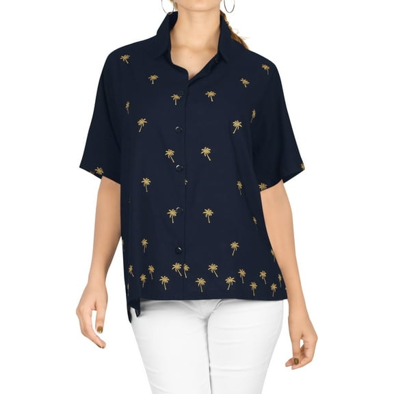 HAPPY BAY Women's Casual Blouses Shirt Solid Blouse Short Sleeve Button Up Dress Tee Shirts Hawaiian Tops for Women M plus-size Navy_AD591
