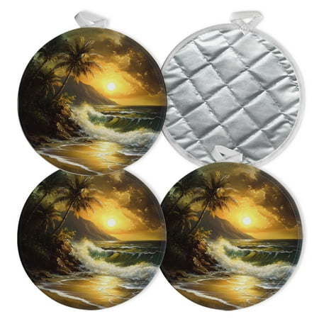 

4 PCS Pot Holders for Kitchen Potholders Sets with Hook for Oven Cooking Baking Oil Painting Of Beach With Palm Trees And Waves