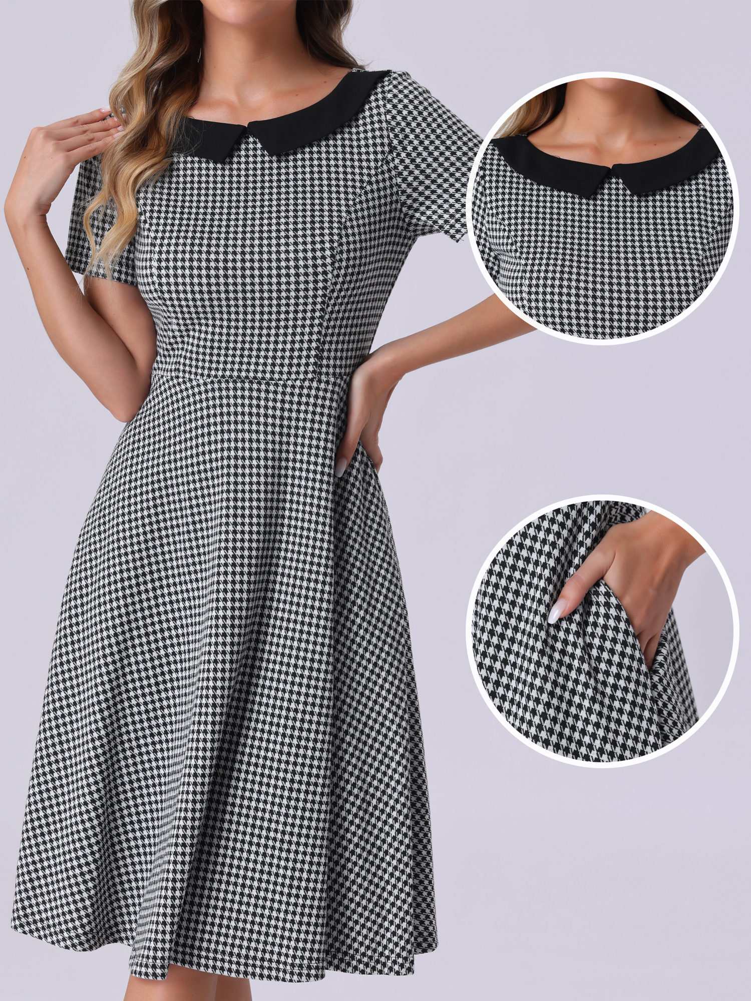 DARING DIVA Houndstooth Boat Neck Short Sleeve A-Line Dress XS Black