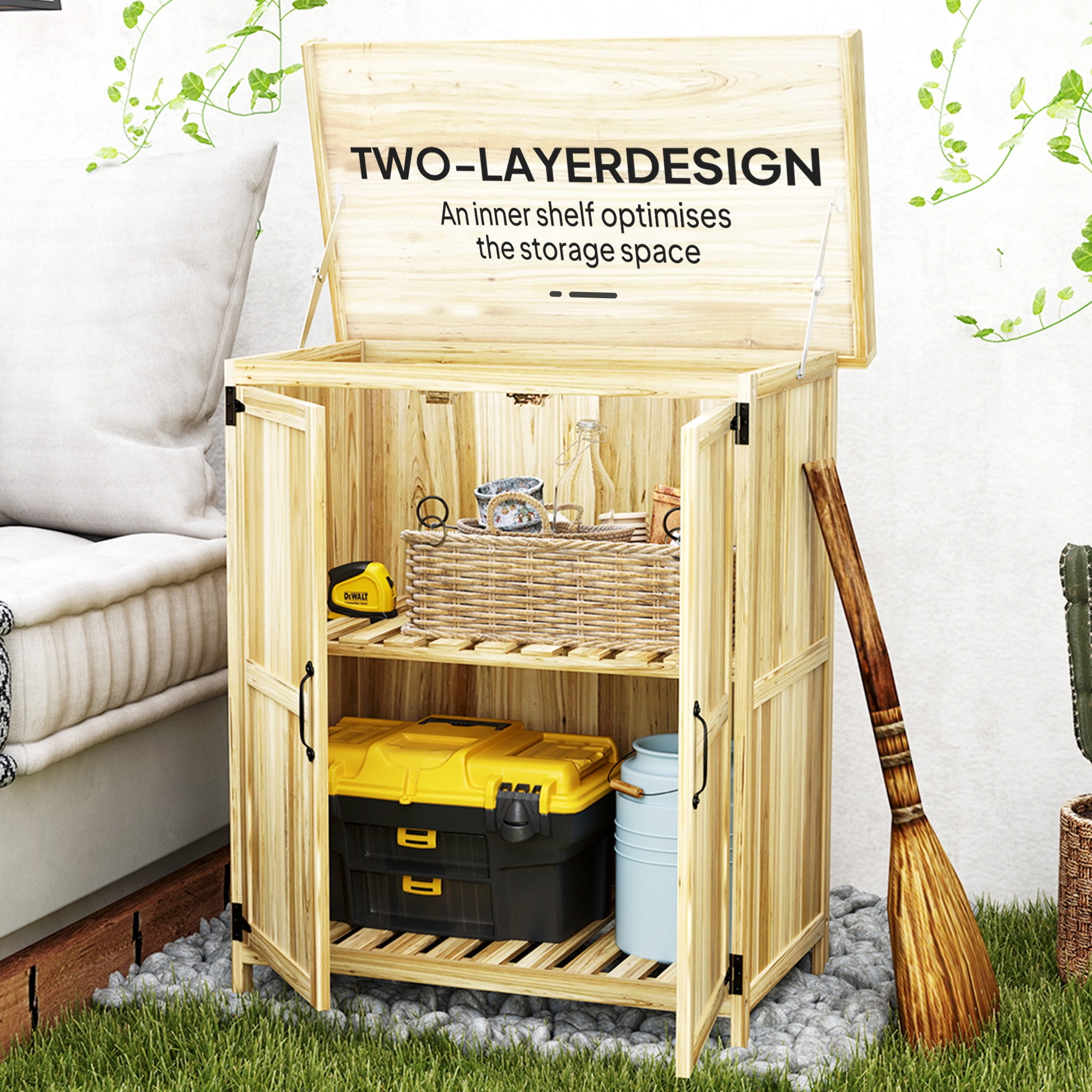 Outsunny Outdoor Garden Shed, Wooden Backyard Shed with Metal Tabletop, Shelf and 2 Doors for Patio, Lawn, Natural Wood