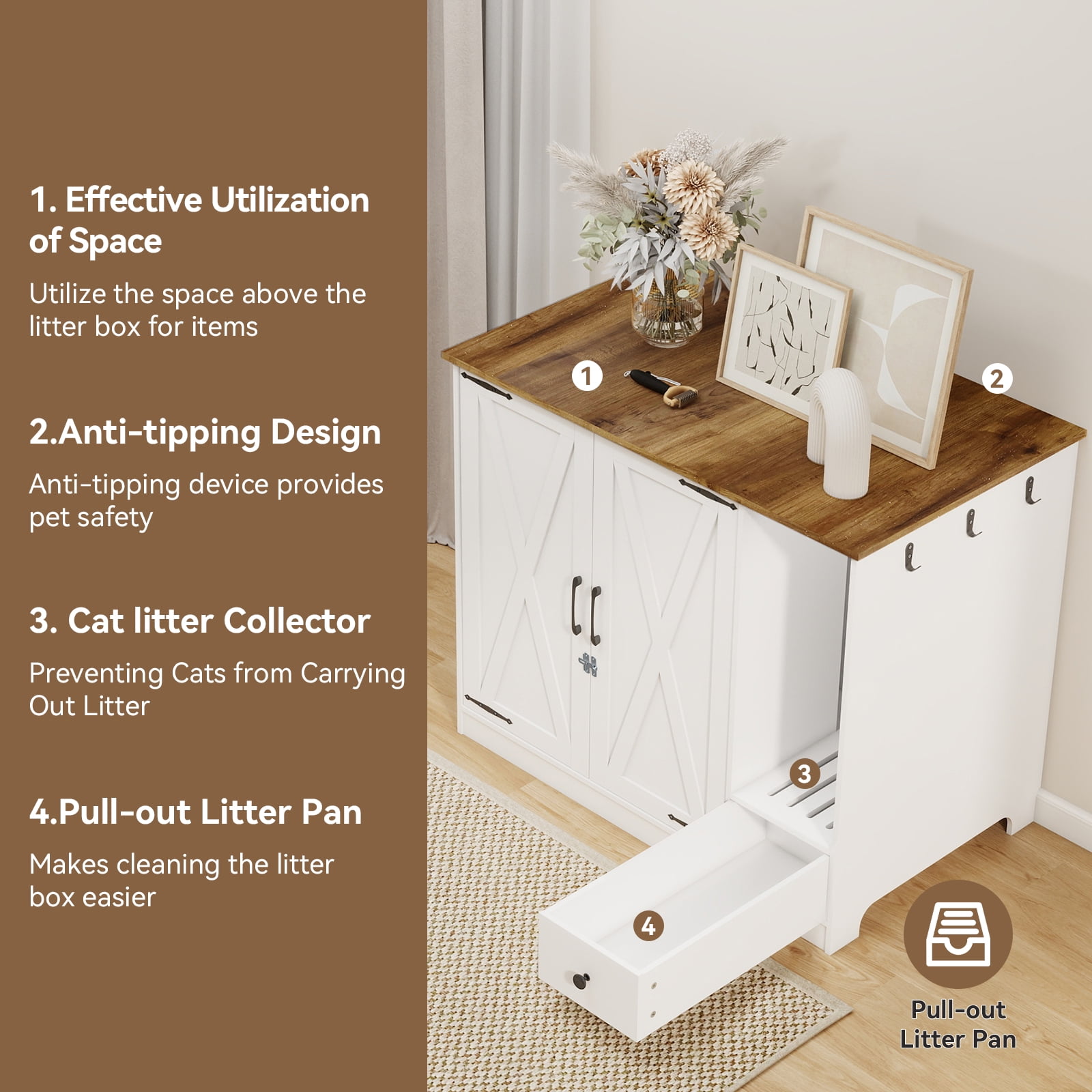 FULLWATT Large/Tall Cat Litter Enclosure, Litter Box Furniture Hidden, Cat Litter Box Enclosure Cabinet Large with Double Doors and Pull-Out Drawer for Self-Cleaning Litter Boxes