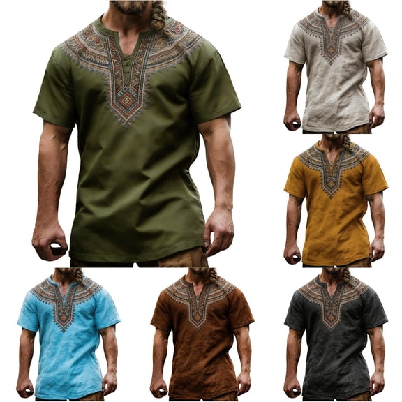 XIAONU Men's Tribal Print Notch Neck Short Sleeve Shirt Geometric Pattern Regular Fit Daily Casual Tunic Top