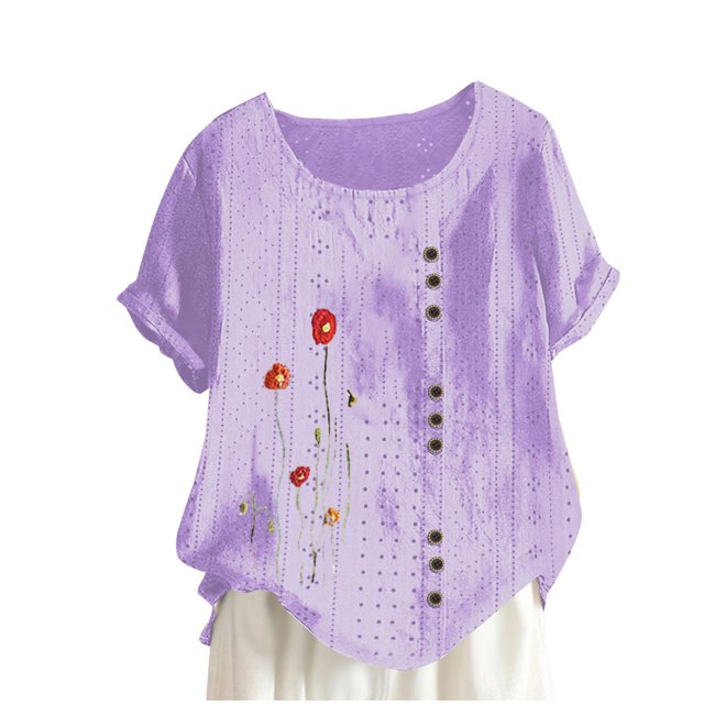 Birdeem Blouses pour Femmes Mode Imprimée Confortable Ample Manches Courtes Blouse Boutonnée Col Rond Décontracté
