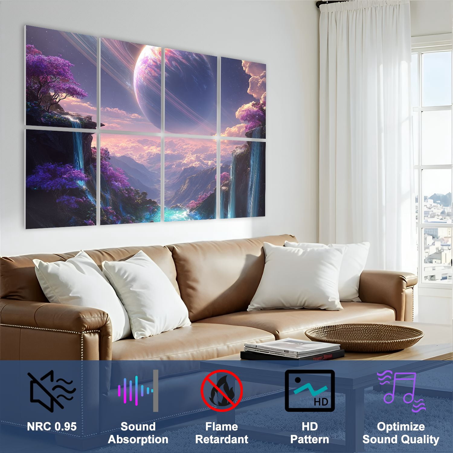 8 Pack Art Acoustic Panels Fantasy Landscape Purple Trees Waterfalls Ringed Planet Sky Self Adhesive Sound Absorbing Panels for Home Office Studio Media Room 48"x32"