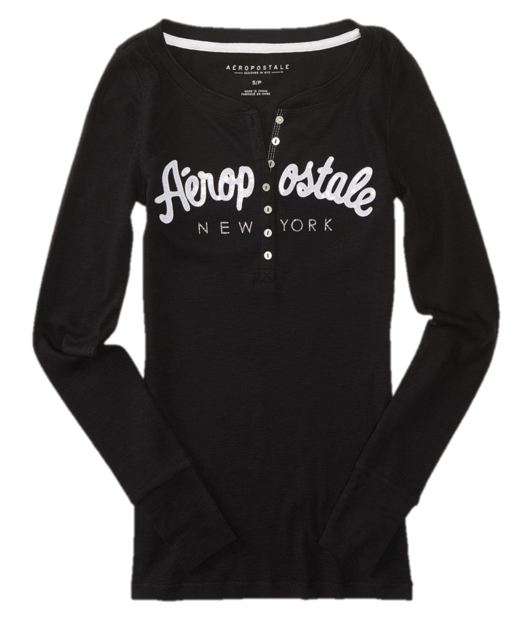 Aeropostale Womens Bling Sequin Thermal Henley Shirt