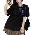 thumbnail image 4 of Las mujeres de manga corta Top cuello redondo carta bordado elegante versátil suelta verano media manga camiseta, 4 of 8