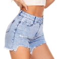thumbnail image 2 of Pantalones cortos de mezclilla para mujer Dobladillo elástico Deshilachado Casual Bolsillos calientes Cintura media 1811-blue4, 2 of 5