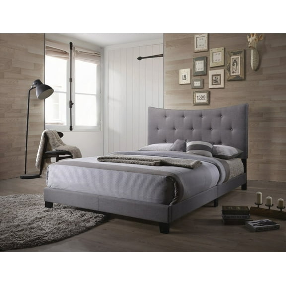 Grey Queen Bed Equipped with a Tufted Headboard and Four-Slat Foundation