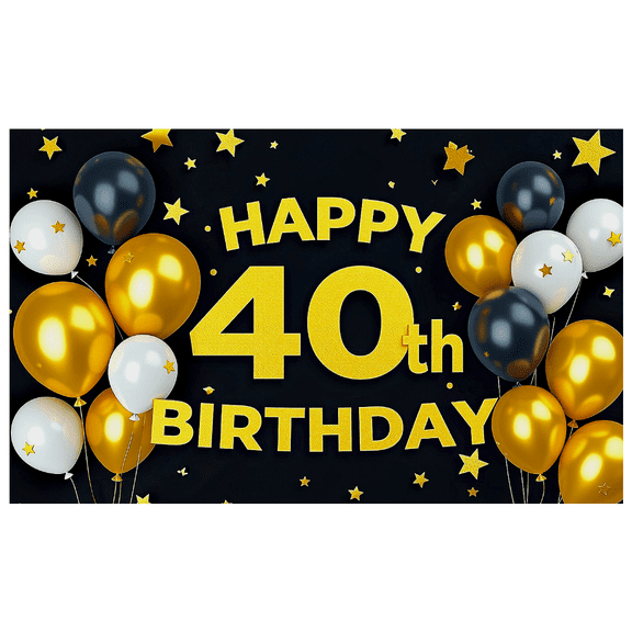 Glamorous Happy 40th Birthday Banner with Gold Star Elements and Balloon Decors Party Backdrop for Photography Props Birthday Party Decoration Supplies