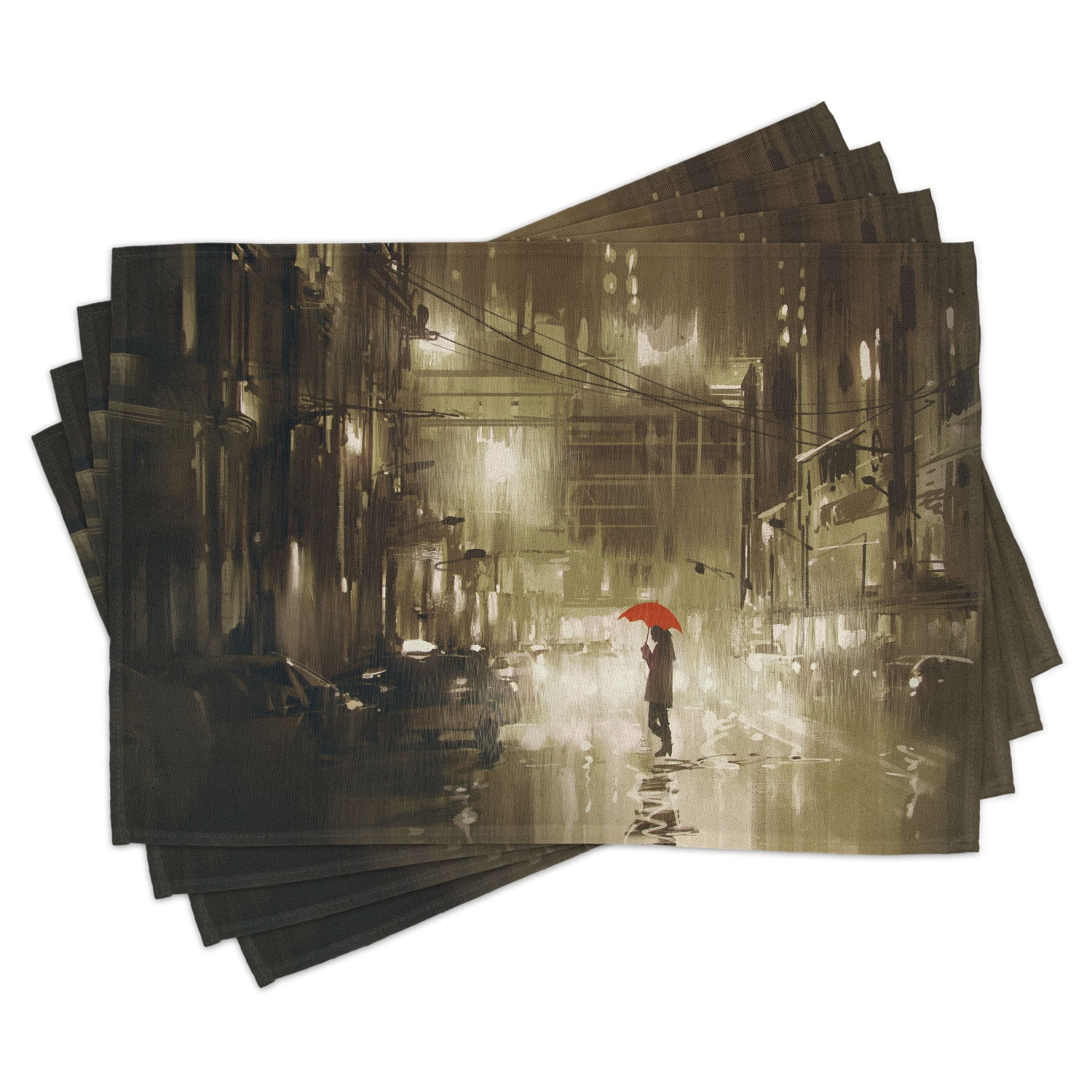 Urban Placemats Set of 4 Woman with Red Umbrella in Street at Rainy