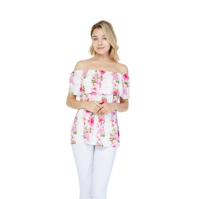 Women's Hawaiian Off-Shoulder Ruffle Muumuu Top in Pink Hibiscus Vine XL