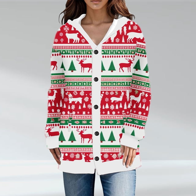 LOVZFMLL Cardigan pour Femmes Décontracté de Noël Imprimé Cardigan Tricoté Veste à Boutons Manteau