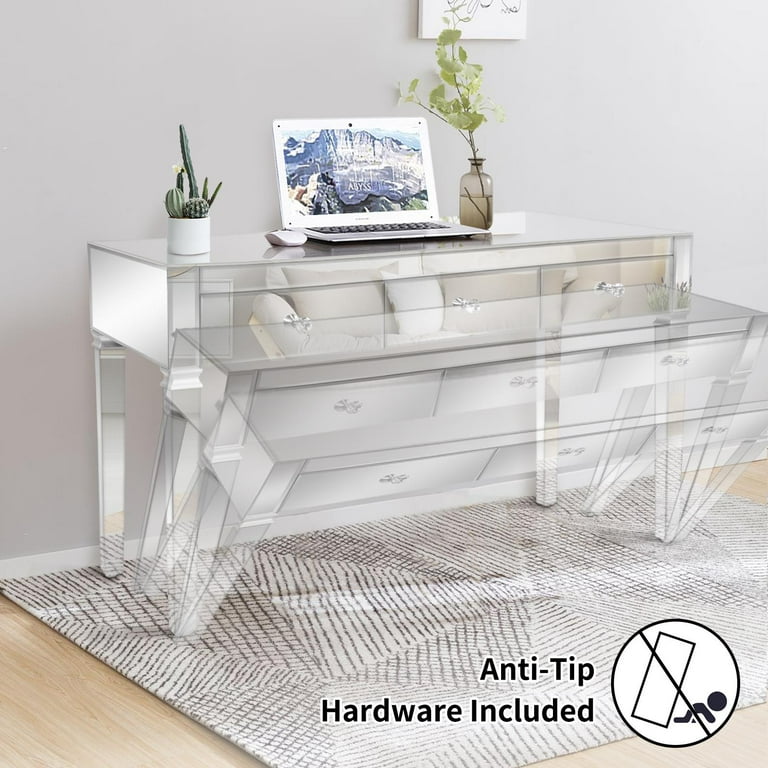 UBesGoo Large Mirrored Vanity Desk Silver Console Table Office Desk Makeup Dressing Table with 3 Drawers for Entryway Hallway Living Room
