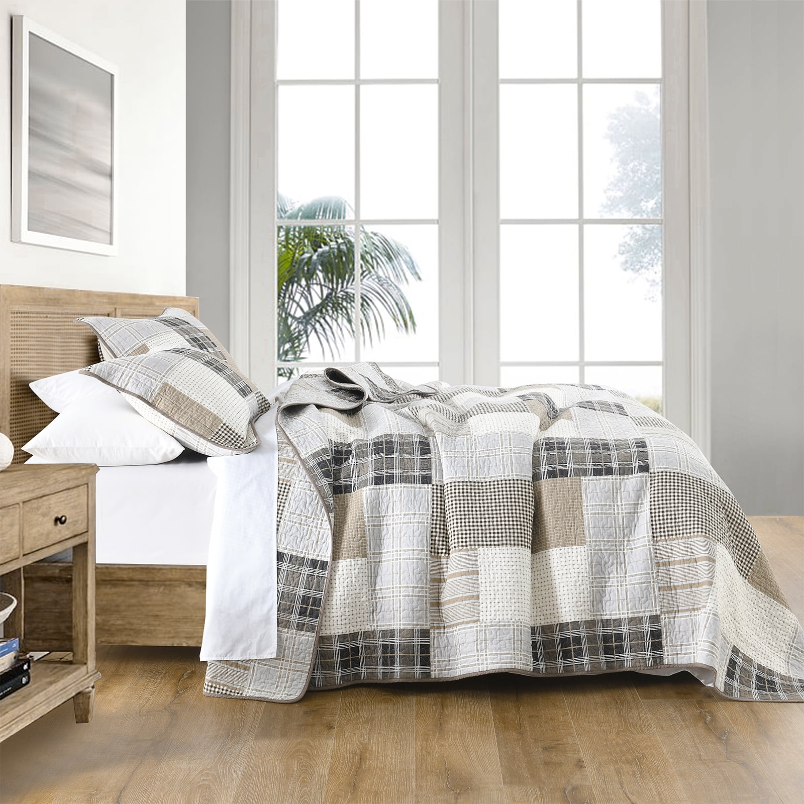 DDUOXIN Queen Size Quilt Set - 100% Cotton Beige/Brown Patchwork Plaid Farmhouse Quilt for Queen Bed, Lightweight Winter Quilt Reversible Thin Comforter Set with 2 Pillow Shams, 3-Piece 98"x90"