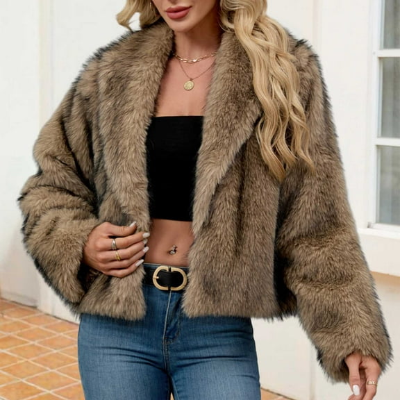 SwiftWear Womens Winter Trendy Long Sleeve Furry Faux Fur Jackets Lapel Warm Open Front Cropped Coat Outwear​, Gray