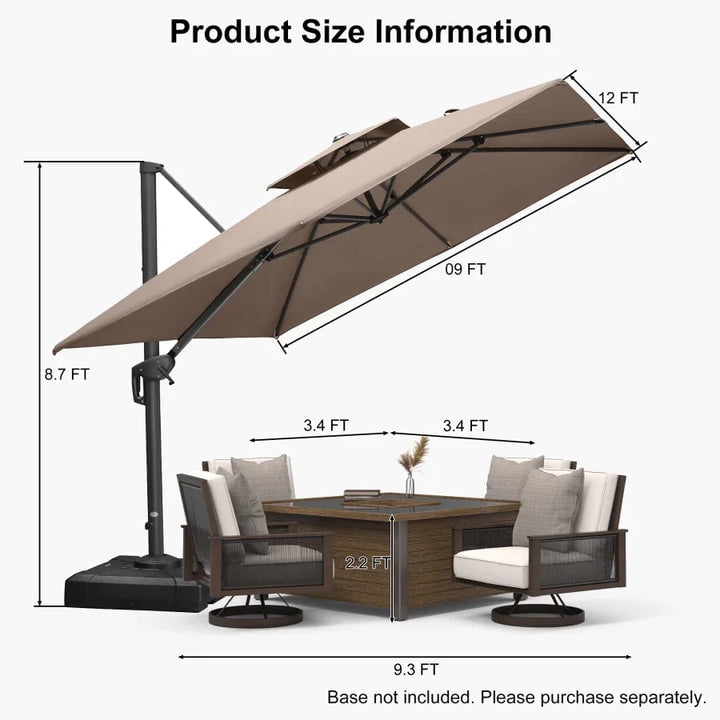 PURPLE LEAF 9' x 12' Cantilever Patio Umbrella Outdoor Umbrella with 280lbs Base Large Rectangular Windproof Offset Umbrella for Pool Deck Garden, Ash Mocha