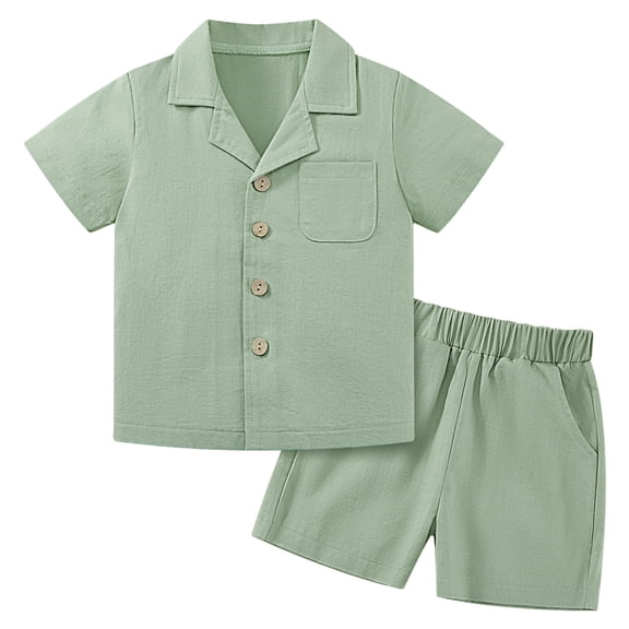 Usaibhir Baby Boy Cotton Linen Shorts Set Solid Color Short Sleeve Button Down T-Shirt Tops and Shorts Summer Outfit Clothes 12M-5T